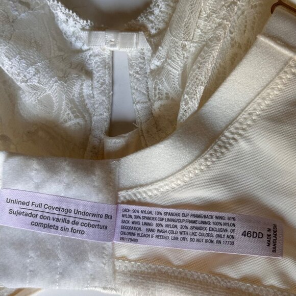 Unlined Full Coverage Underwire Bra 46DD Adjustable Straps Lace White Auden - Picture 15 of 16